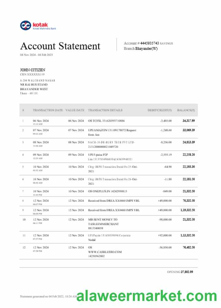 INDIA KOTAK bank statement template, Word and PDF format